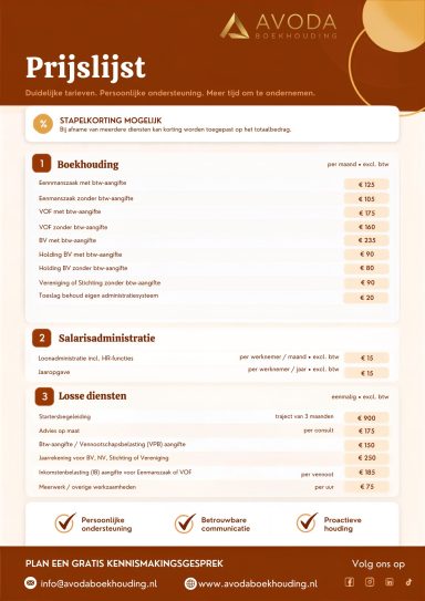 Tarieven Avoda Boekhouding voor eenmanszaken, vof’s, bv’s, salarisadministratie en belastingaangiften